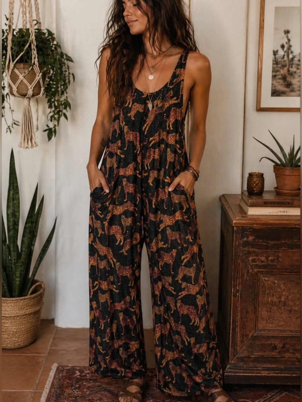 Corey Lynn Calter X Anthropologie Black Jumpsuit with Animal Print Boho